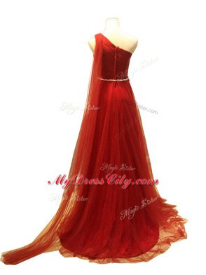 Customized Tulle Sleeveless Evening Wear Brush Train and Beading and Ruching