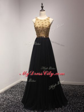 Traditional Scoop Sleeveless Pageant Dress Womens Floor Length Beading and Lace and Appliques Black Tulle