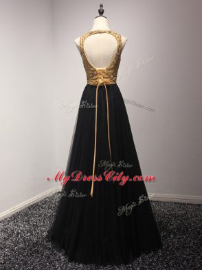 Traditional Scoop Sleeveless Pageant Dress Womens Floor Length Beading and Lace and Appliques Black Tulle