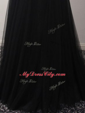 Traditional Scoop Sleeveless Pageant Dress Womens Floor Length Beading and Lace and Appliques Black Tulle