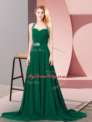 Traditional Dark Green Chiffon Zipper Halter Top Sleeveless Dress Like A Star Brush Train Beading and Ruching