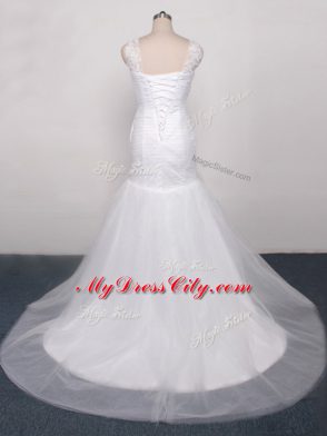 Custom Made White Tulle Lace Up Wedding Dresses Sleeveless Brush Train Lace and Appliques and Ruching