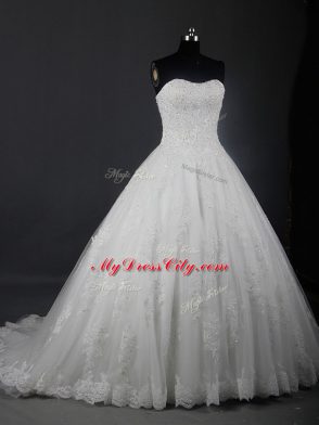 Tulle Strapless Sleeveless Brush Train Lace Up Beading and Lace Wedding Dresses in White