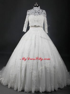 Tulle Strapless Sleeveless Brush Train Lace Up Beading and Lace Wedding Dresses in White