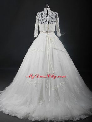 Tulle Strapless Sleeveless Brush Train Lace Up Beading and Lace Wedding Dresses in White