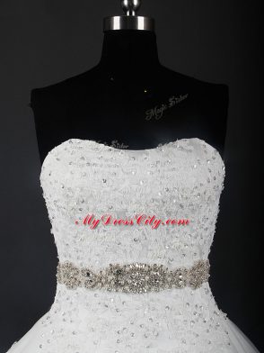 Tulle Strapless Sleeveless Brush Train Lace Up Beading and Lace Wedding Dresses in White