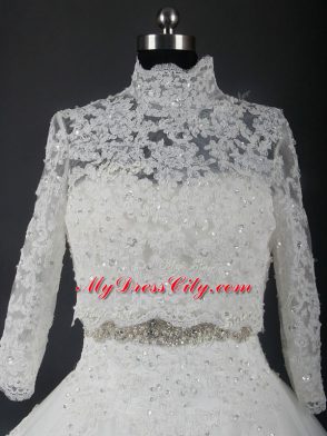 Tulle Strapless Sleeveless Brush Train Lace Up Beading and Lace Wedding Dresses in White