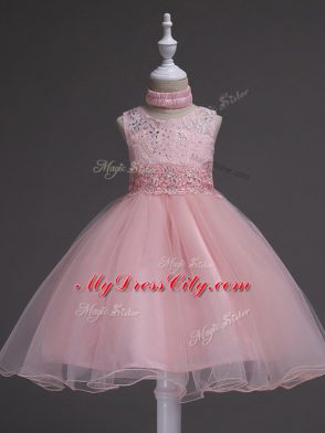 Baby Pink Sleeveless Beading and Lace Knee Length Womens Party Dresses
