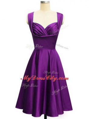 Sexy Eggplant Purple Empire Taffeta Straps Sleeveless Ruching Knee Length Lace Up Wedding Party Dress