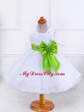 Popular White Organza Zipper Little Girls Pageant Gowns Sleeveless Knee Length Bowknot