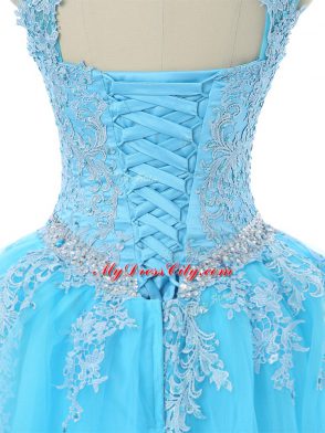 Most Popular Floor Length Lace Up 15th Birthday Dress Aqua Blue for Sweet 16 and Quinceanera with Appliques