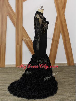 Fancy Black Mermaid Beading and Lace and Appliques and Hand Made Flower Mother Dresses Backless Fabric With Rolling Flowers Long Sleeves
