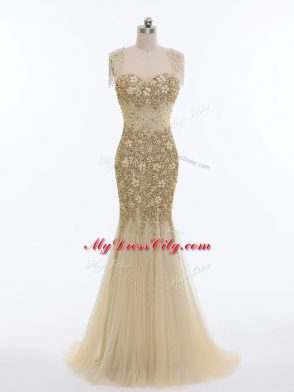 Elegant Sleeveless Beading Zipper Evening Dresses with Champagne Brush Train