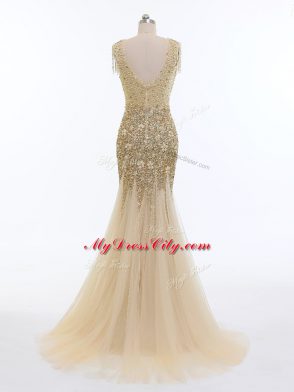 Elegant Sleeveless Beading Zipper Evening Dresses with Champagne Brush Train