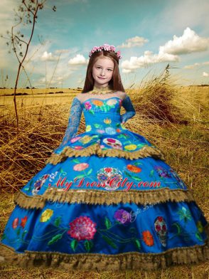Ball Gowns Girls Pageant Dresses Blue High-neck Taffeta Long Sleeves Floor Length Lace Up