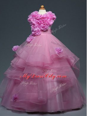 Lovely Lilac Kids Pageant Dress Wedding Party with Ruffles and Hand Made Flower High-neck Sleeveless Lace Up