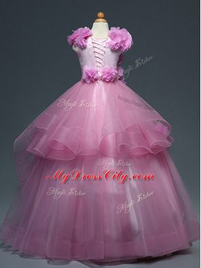 Lovely Lilac Kids Pageant Dress Wedding Party with Ruffles and Hand Made Flower High-neck Sleeveless Lace Up