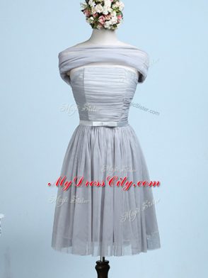 Luxurious Grey Tulle Side Zipper Strapless Sleeveless Mini Length Bridesmaids Dress Belt
