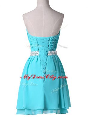 Aqua Blue Sleeveless Mini Length Beading and Ruching Lace Up Party Dress Wholesale