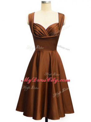 Chocolate Taffeta Lace Up Straps Sleeveless Knee Length Bridesmaid Dresses Ruching