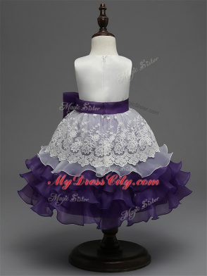 White And Purple Scoop Neckline Lace and Ruffled Layers and Bowknot Little Girls Pageant Dress Wholesale Sleeveless Zipper