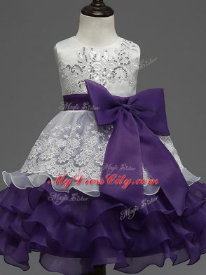 White And Purple Scoop Neckline Lace and Ruffled Layers and Bowknot Little Girls Pageant Dress Wholesale Sleeveless Zipper