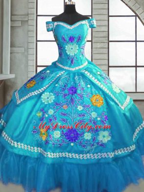 Floor Length Ball Gowns Short Sleeves Teal Vestidos de Quinceanera Lace Up