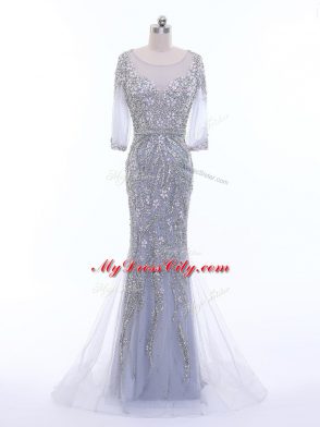 Beauteous Silver 3 4 Length Sleeve Beading Zipper Dress for Prom