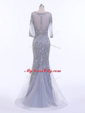 Beauteous Silver 3 4 Length Sleeve Beading Zipper Dress for Prom