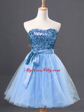 Best Selling Light Blue Tulle Zipper Evening Dress Sleeveless Mini Length Sequins