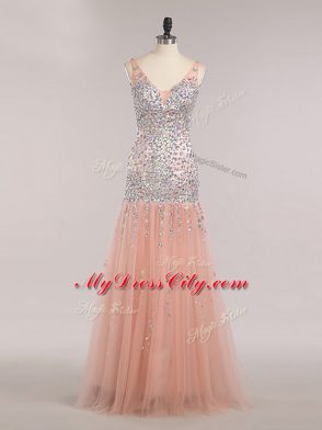Stunning Peach V-neck Zipper Beading and Sequins Dress for Prom Sleeveless