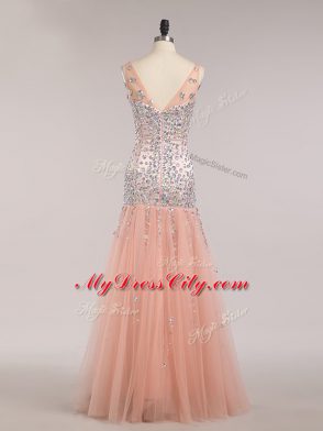 Stunning Peach V-neck Zipper Beading and Sequins Dress for Prom Sleeveless
