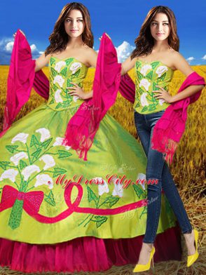 Olive Green Two Pieces Sweetheart Sleeveless Organza and Taffeta Floor Length Lace Up Embroidery Quinceanera Gowns