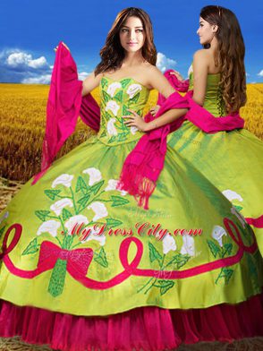 Olive Green Two Pieces Sweetheart Sleeveless Organza and Taffeta Floor Length Lace Up Embroidery Quinceanera Gowns