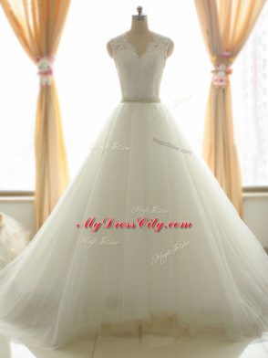 Elegant White Tulle Zipper Wedding Gown Sleeveless Brush Train Beading and Appliques