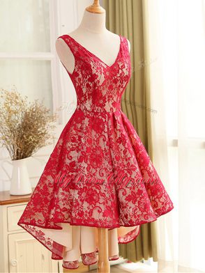 High End V-neck Sleeveless Prom Evening Gown High Low Lace and Appliques Red Lace