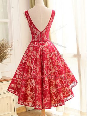 High End V-neck Sleeveless Prom Evening Gown High Low Lace and Appliques Red Lace