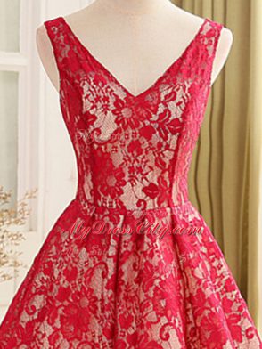 High End V-neck Sleeveless Prom Evening Gown High Low Lace and Appliques Red Lace