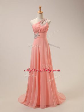 Super Watermelon Red Empire Chiffon One Shoulder Sleeveless Beading Zipper Dama Dress for Quinceanera Brush Train