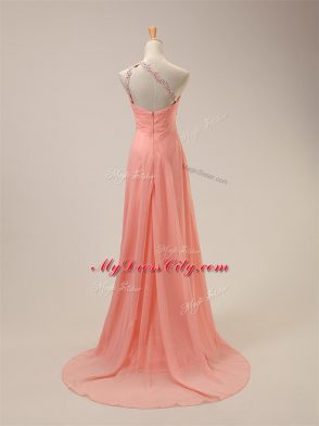 Super Watermelon Red Empire Chiffon One Shoulder Sleeveless Beading Zipper Dama Dress for Quinceanera Brush Train