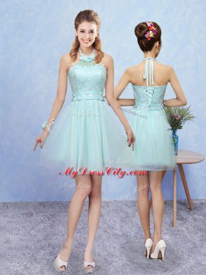 Best Selling Tulle Halter Top Sleeveless Lace Up Lace Bridesmaids Dress in Aqua Blue