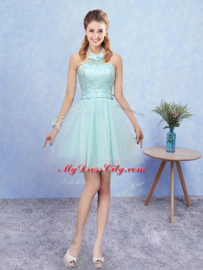 Best Selling Tulle Halter Top Sleeveless Lace Up Lace Bridesmaids Dress in Aqua Blue