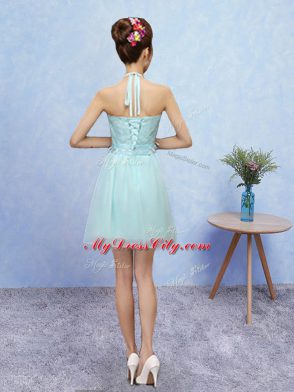 Best Selling Tulle Halter Top Sleeveless Lace Up Lace Bridesmaids Dress in Aqua Blue
