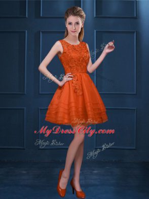 Trendy Orange Red Zipper Bridesmaid Dress Lace and Ruffled Layers Sleeveless Knee Length