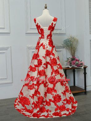 Floor Length White And Red Prom Gown Bateau Sleeveless Lace Up