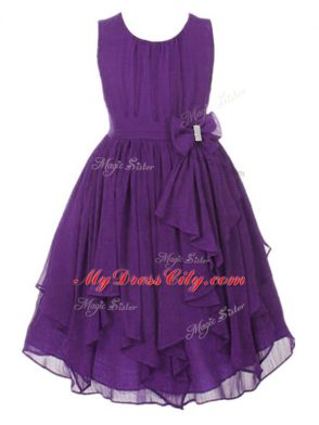 Aqua Blue Empire Scoop Sleeveless Chiffon Asymmetrical Zipper Ruffles and Bowknot Toddler Flower Girl Dress