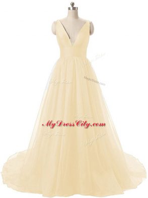 Custom Designed Light Yellow Sleeveless Organza Brush Train Backless Evening Dress for Prom and Party and Military Ball and Sweet 16