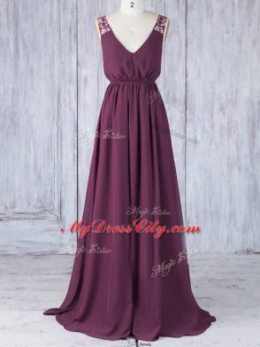 Floor Length Burgundy Wedding Guest Dresses Chiffon Sleeveless Appliques