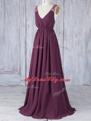 Floor Length Burgundy Wedding Guest Dresses Chiffon Sleeveless Appliques
