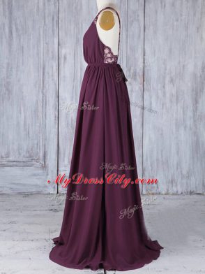 Floor Length Burgundy Wedding Guest Dresses Chiffon Sleeveless Appliques